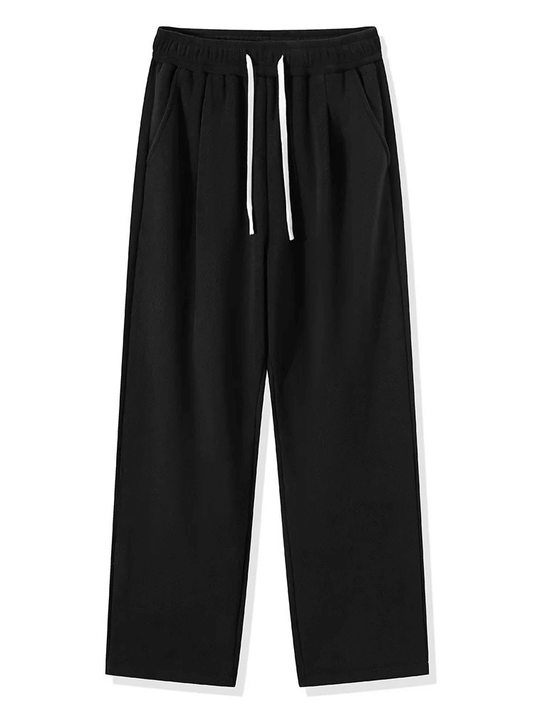 Casual wide fleece sweatpants for men, SF1970, mid-rise, loose fit, black heavyweight blend, side pockets, drawstring closure.