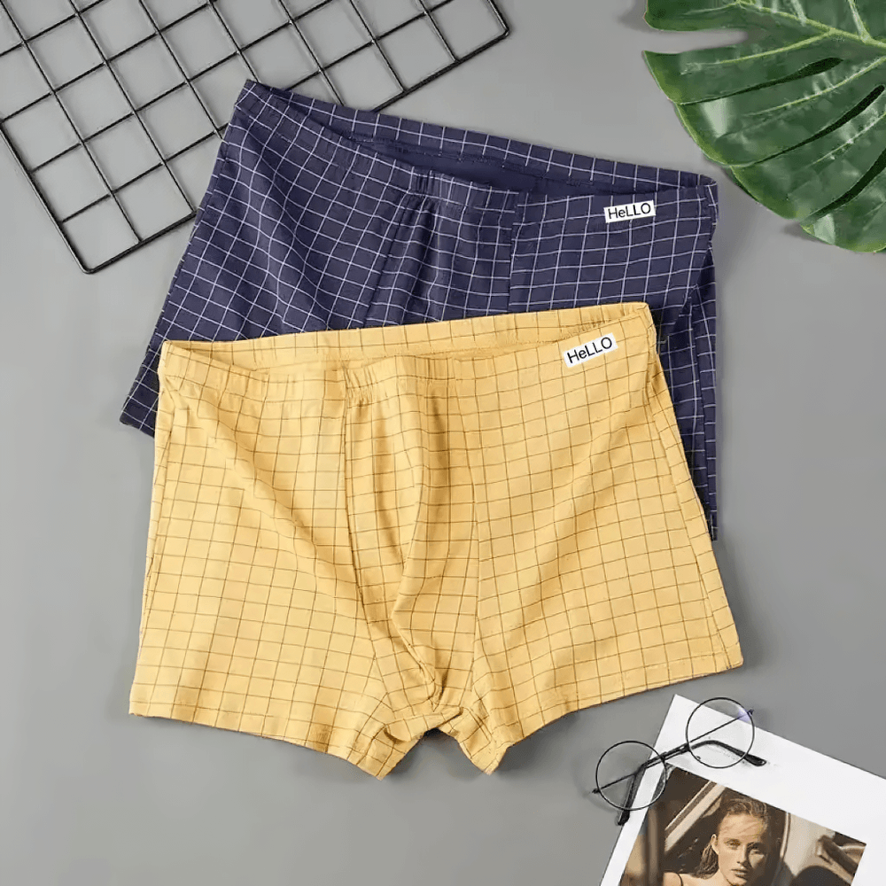 Checked Male Boxers with Everyday Stretch Fit - SF4673 in navy and yellow plaid, perfect for comfort and style.