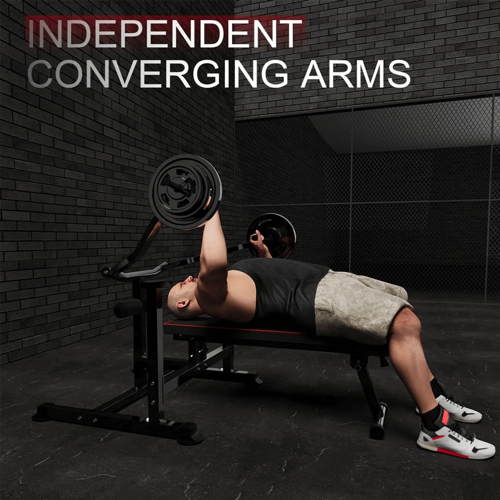 Chest Press Machine with Adjustable Bench - SF3454 in use, highlighting independent converging arms for home gym chest training.