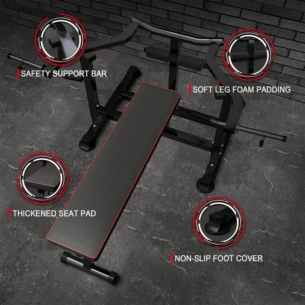 Chest Press Machine with Adjustable Bench - SF3454 featuring safety support bar, soft foam padding, thickened seat pad, and non-slip foot cover.