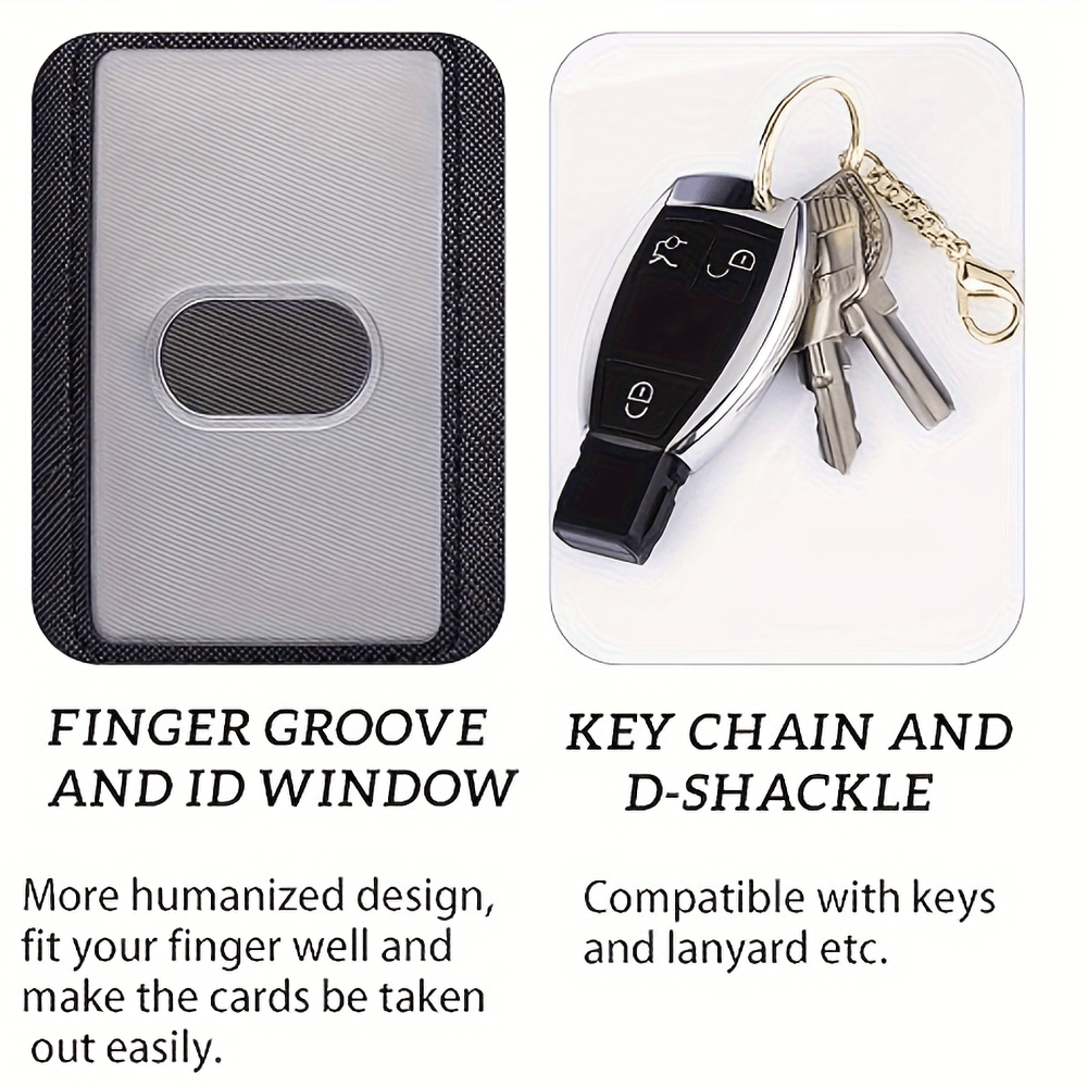 Image of wallet features: finger groove with ID window and a keychain with keys and D-shackle, showing compatibility with lanyards.