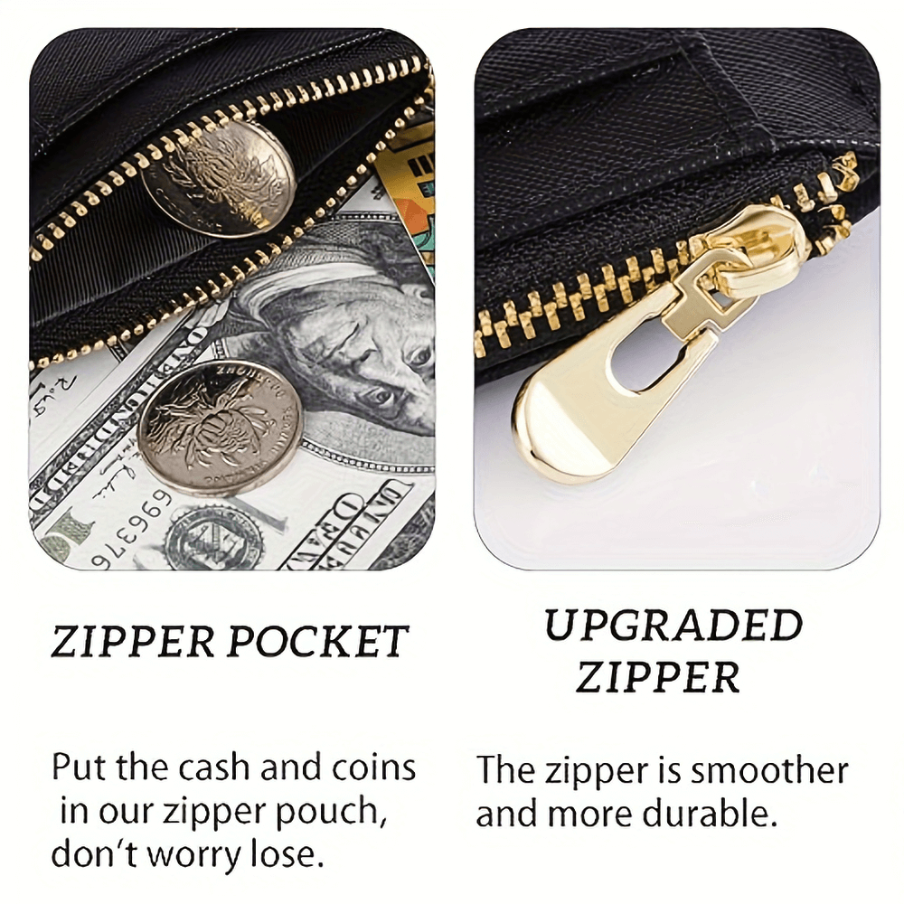 Close-up of mini PU leather wallet showcasing zipper pocket with cash and coins, and upgraded gold zipper detail for durability.