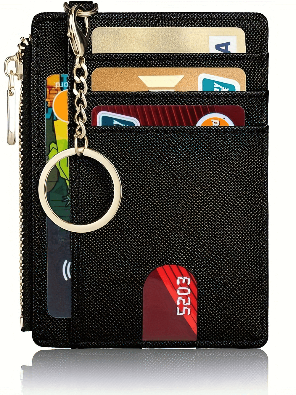 Chic black PU leather mini wallet with card slots, keychain, and zipper closure, perfect for everyday use. Model SF2681.