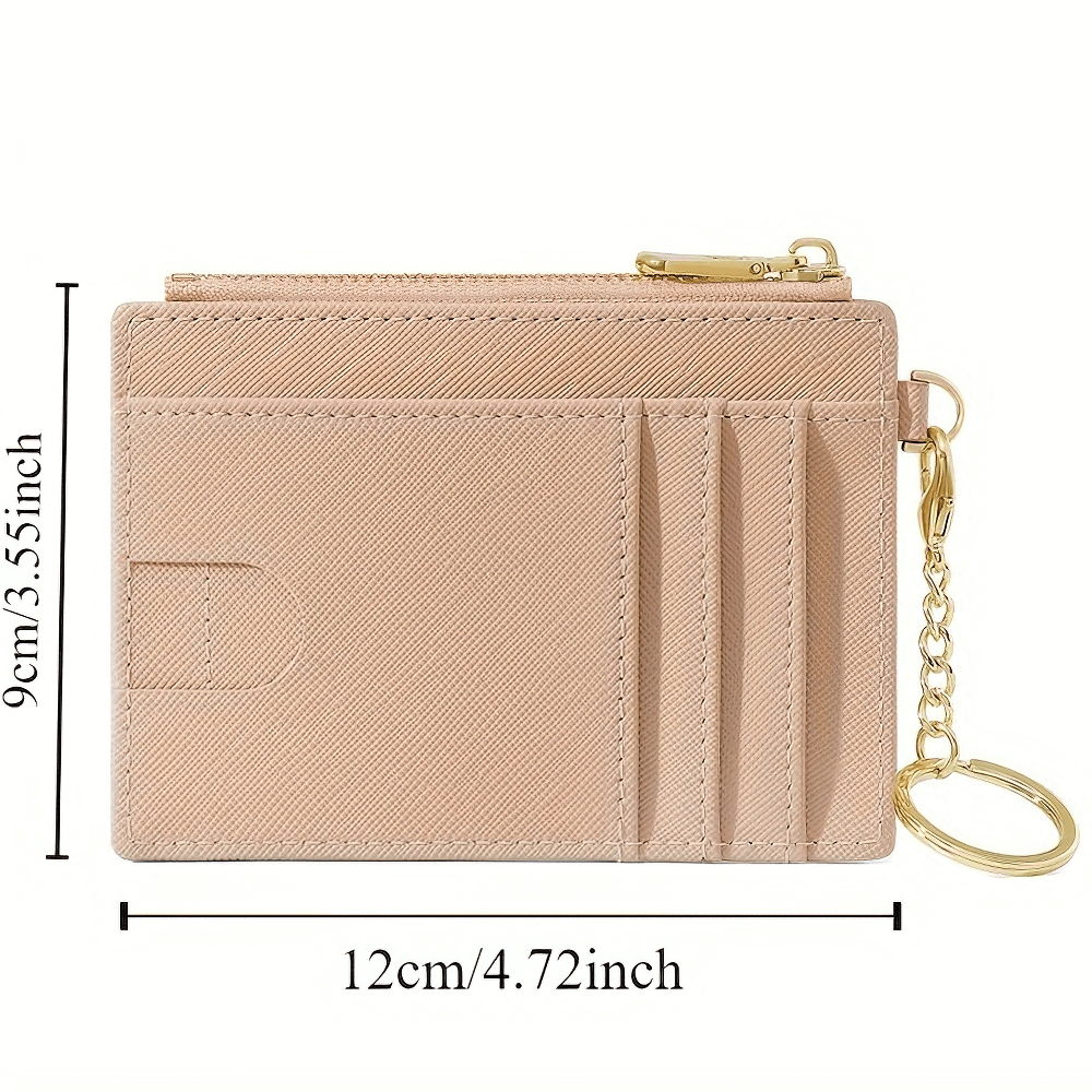 Beige chic mini PU leather wallet with card slots and keychain, measuring 12cm by 9cm, featuring a secure zipper closure.