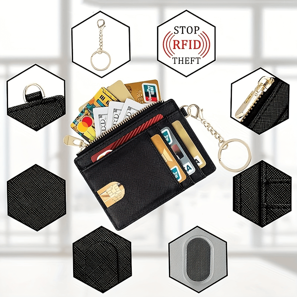 Chic mini PU leather wallet with card slots, keychain, and RFID protection, showcasing secure zipper closure and compact design.