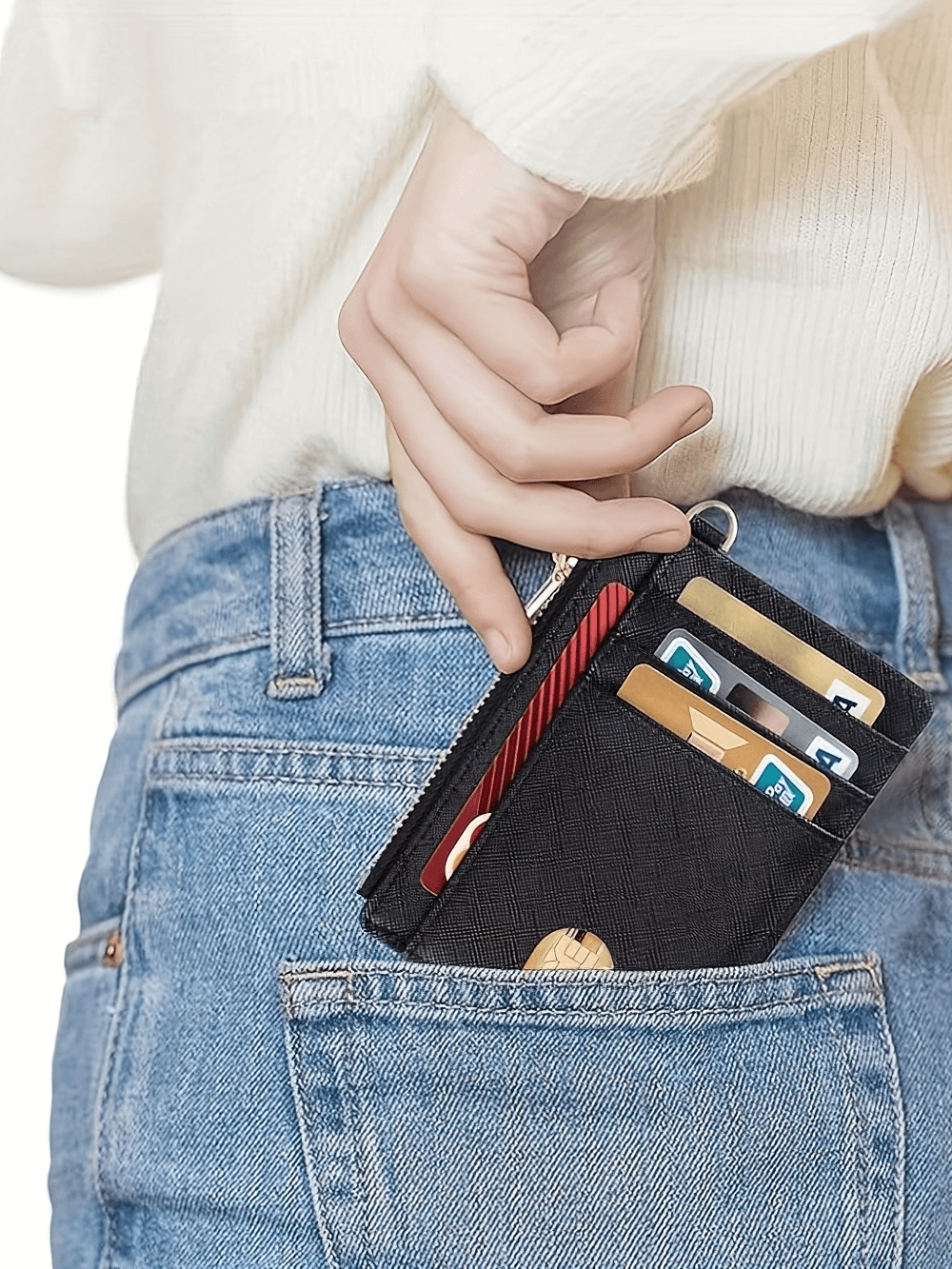 Chic mini PU leather wallet with card slots in pocket, showcasing sleek design, durable texture, and practical keychain attachment.