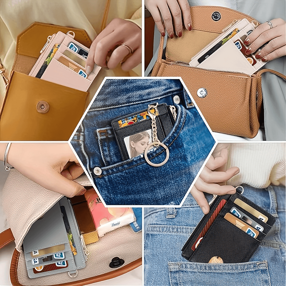 Collage of chic PU leather mini wallets with card slots and keychain, perfect for stylish organization and easy access.