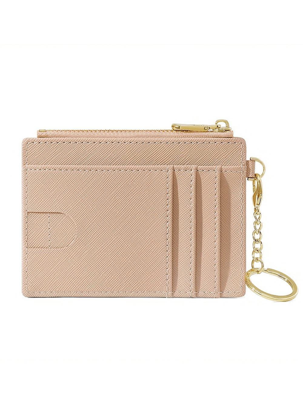 Chic beige mini PU leather wallet with card slots, keychain, and zipper closure, perfect for stylish everyday use.