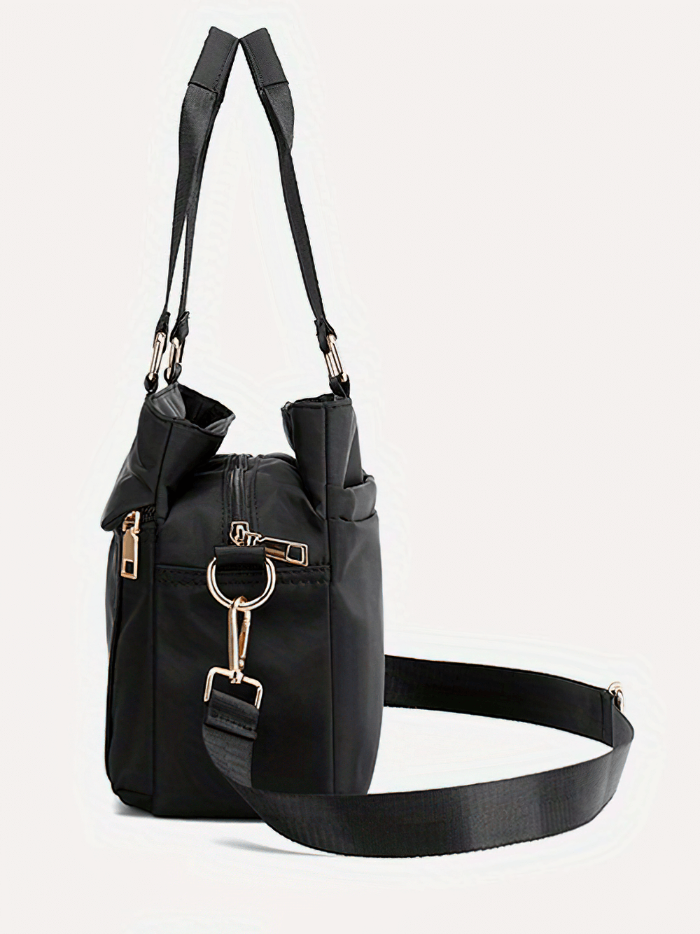 Black nylon tote bag with multi-pockets and removable strap, ideal for travel and everyday use.