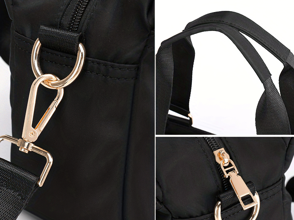 Close-up of chic multi-pocket bag SF2666, showing black nylon fabric, gold-tone hardware, and versatile strap options.