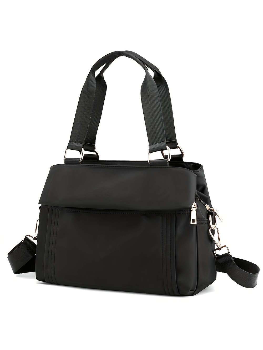 Chic black multi-pocket nylon tote bag with removable strap, SF2666. Ideal for travel and everyday use. Large capacity and water-resistant.