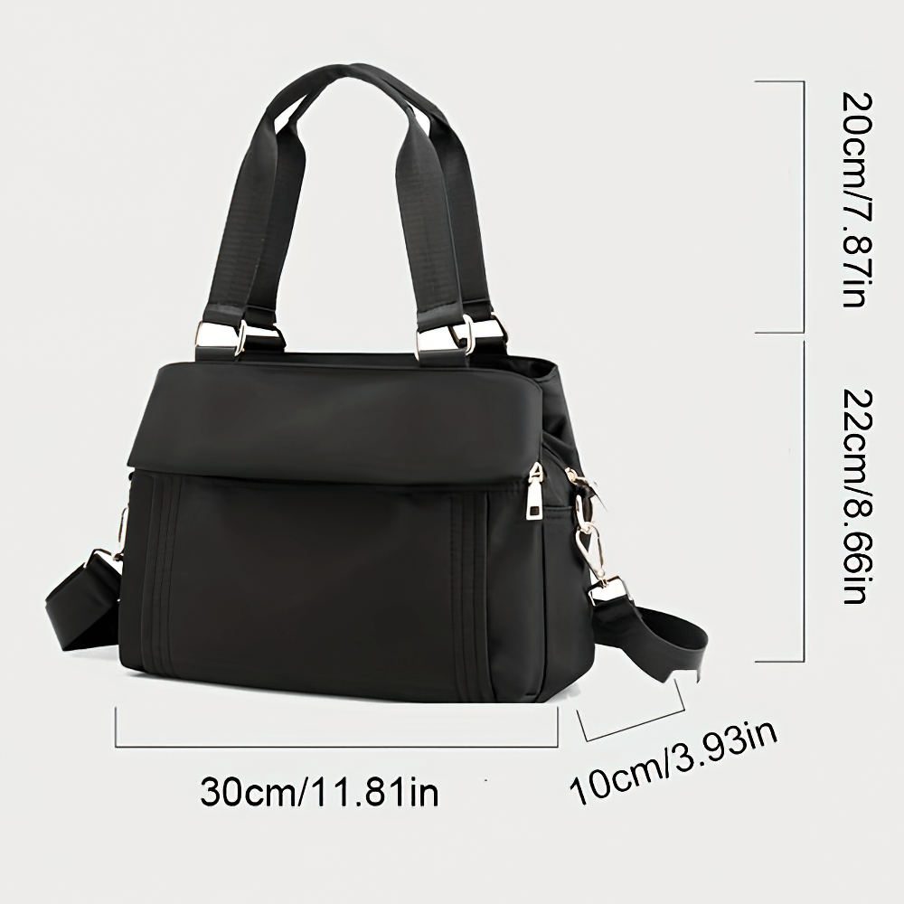 Chic multi-pocket nylon tote bag with removable strap, black, dimensions 30cm x 10cm x 20cm, ideal for travel and everyday use.