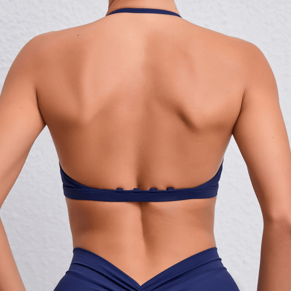Back view of Chic Multi-Strap Sports Bra SF2468 with elegant strappy design, ideal for active wear and yoga.