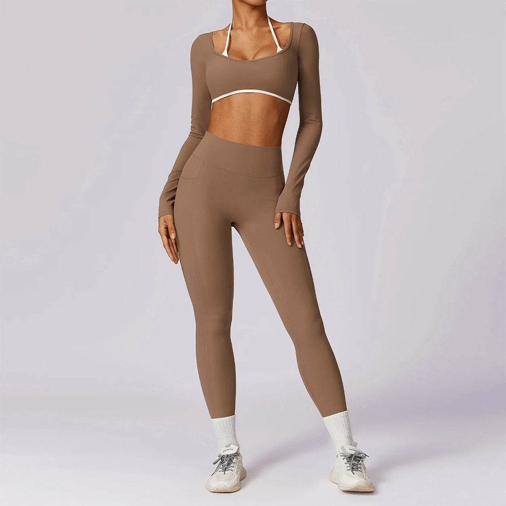 Chic nylon yoga set with brown crop top and high-waist leggings, perfect for women's fitness activities, featuring breathability and quick drying.