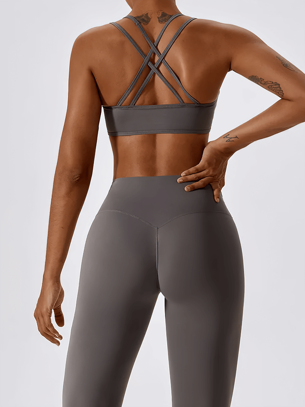 Back view of chic women's sports bra with cross-back design, perfect for workouts and active wear.