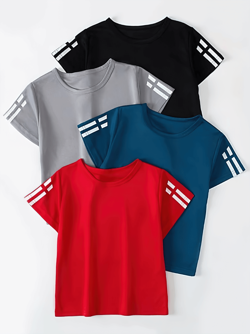 Children's quick-dry sports tees in solid colors: red, blue, gray, and black, featuring moisture-wicking fabric for active kids.