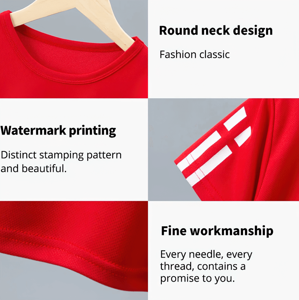 Close-up of a red children's quick-dry sports tee showcasing round neck, watermark printing, and fine workmanship details.