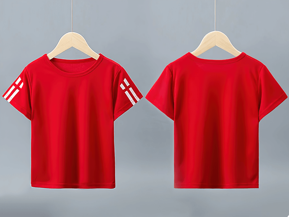 Children's red quick-drying sports tee with short sleeves and stripe detail, ideal for active kids' comfort and movement.
