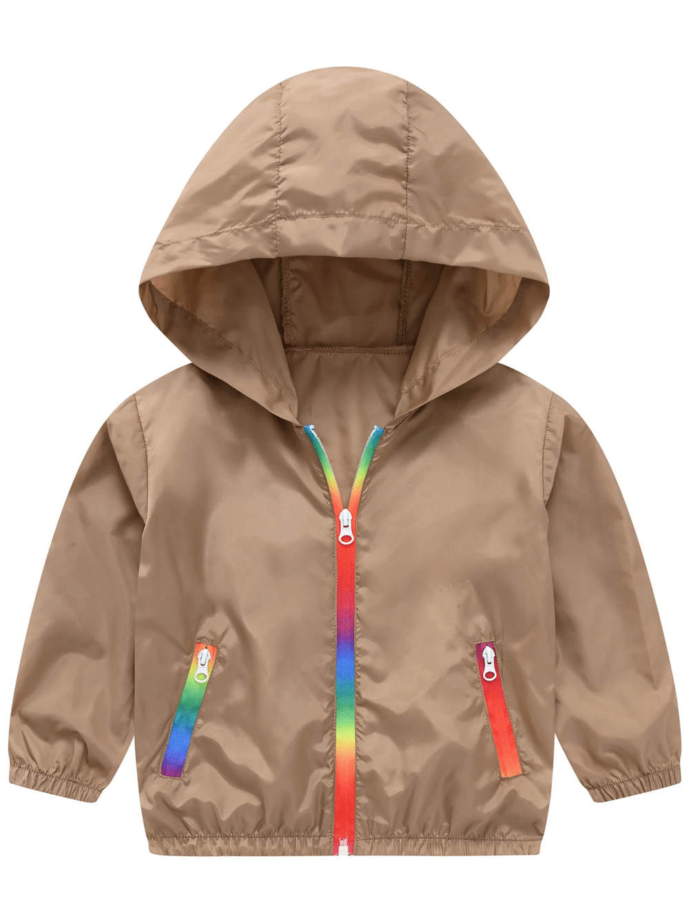 Stylish Children's Rainbow Zipper Hooded Jacket - SF3639 with UV-defense and rainbow trim for outdoor play.