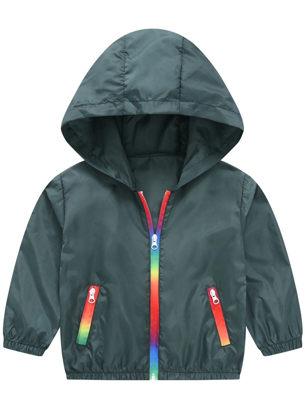 Children's Rainbow Zipper Hooded Jacket - SF3639 with colorful trim and hood, perfect for UV protection and outdoor play.