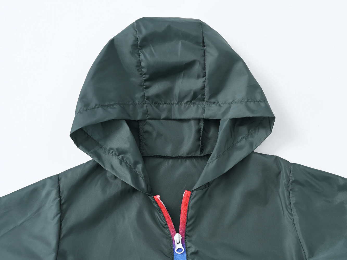 Close-up of Children's Rainbow Zipper Hooded Jacket - SF3639 highlighting the hood and colorful zipper accents.