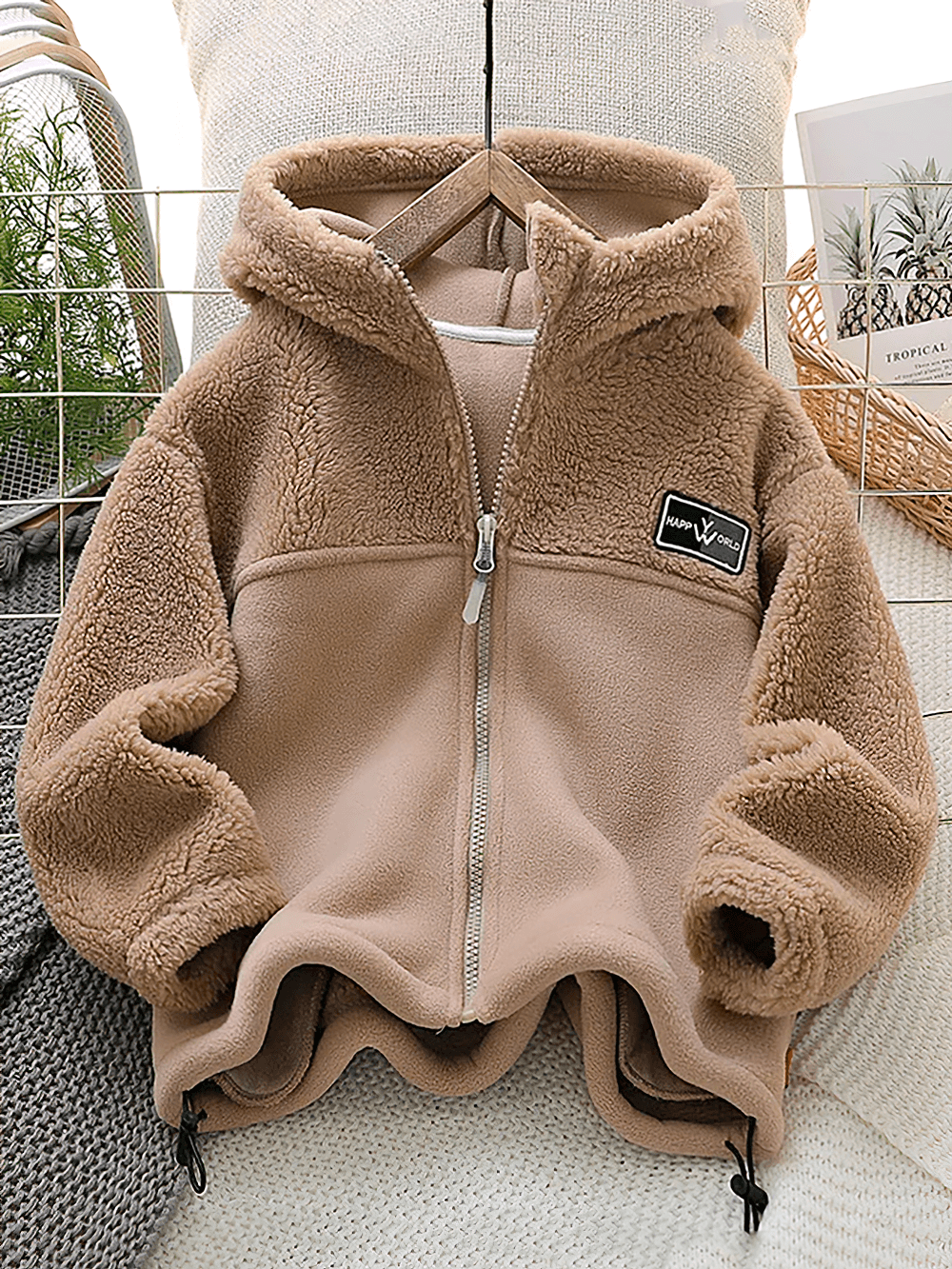 Children's Thickened Fleece Hooded Jacket - SF3595 in cozy brown fleece with hood, perfect for autumn and winter warmth.