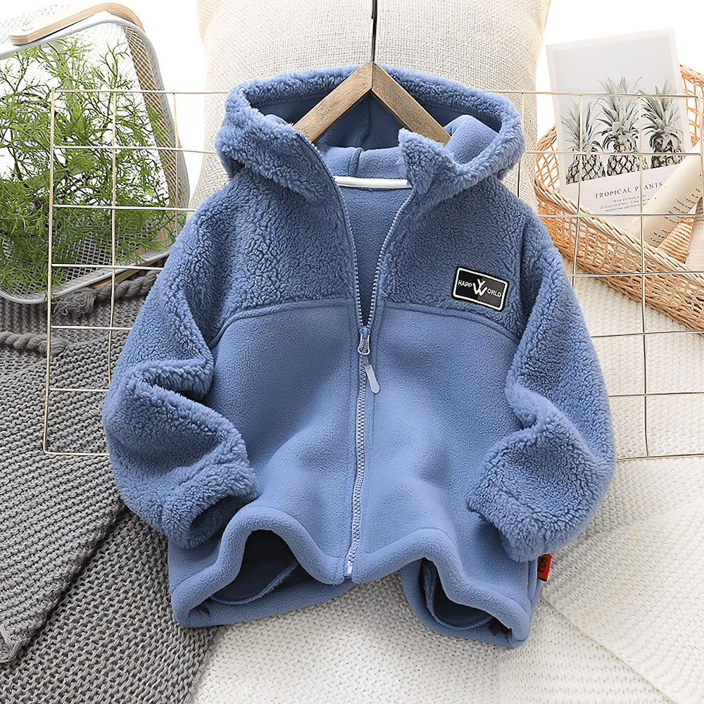 Cozy blue Children's Thickened Fleece Hooded Jacket - SF3595 hanging on a rack, perfect for autumn and winter