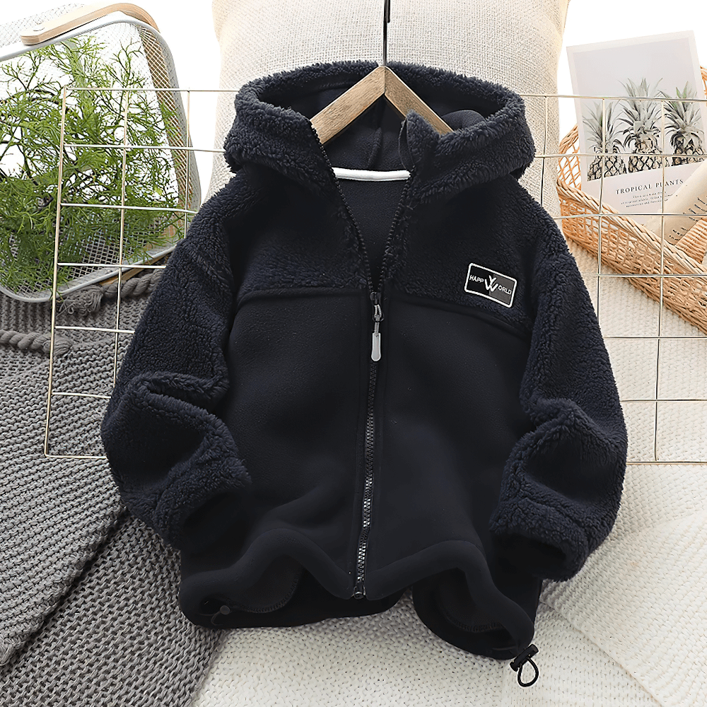 Children's Thickened Fleece Hooded Jacket - SF3595 in black, perfect for kids aged 4-14, featuring a cozy fleece lining and secure zip closure.