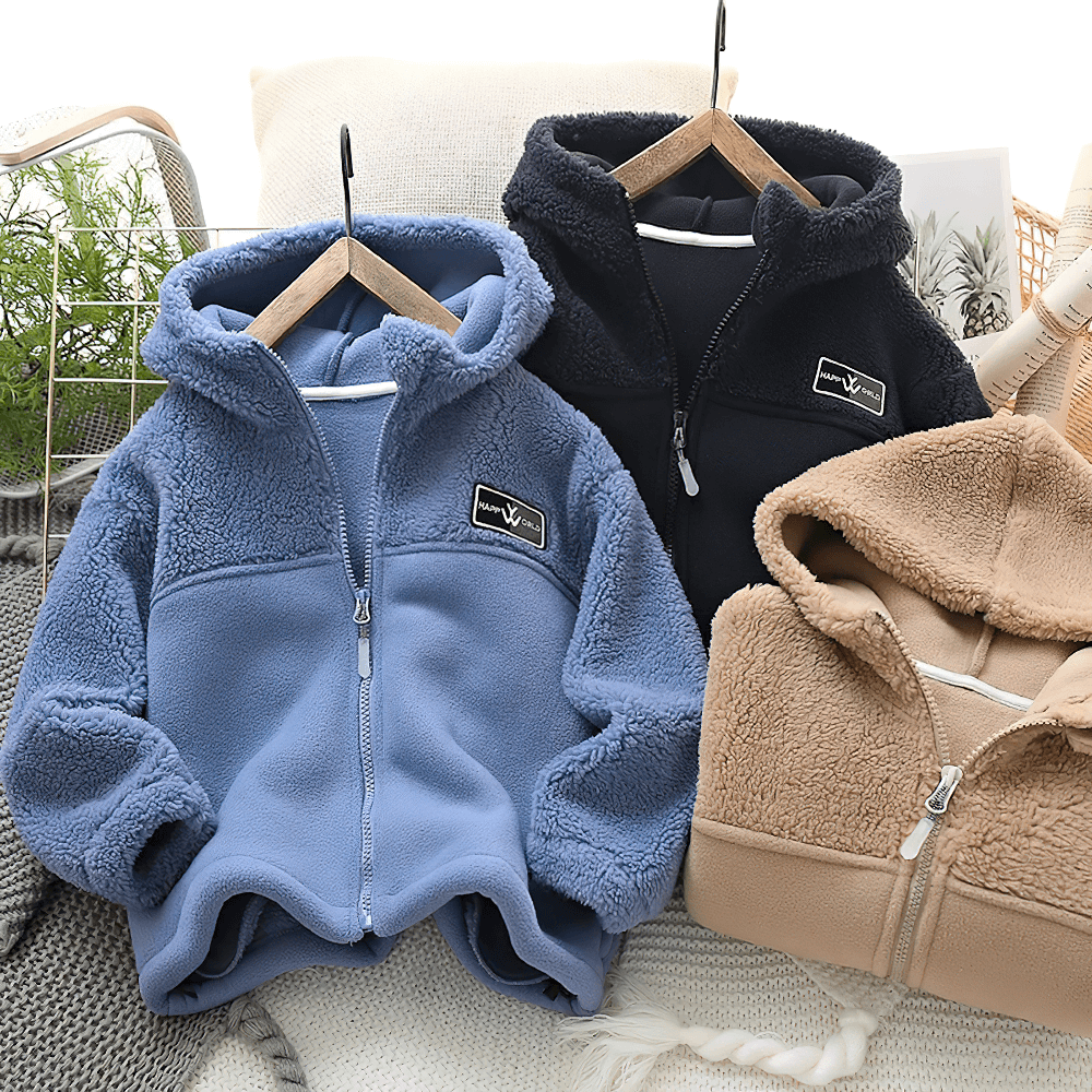 Children's Thickened Fleece Hooded Jacket - SF3595 in blue, black, and beige colors, ideal for cozy warmth in colder months.