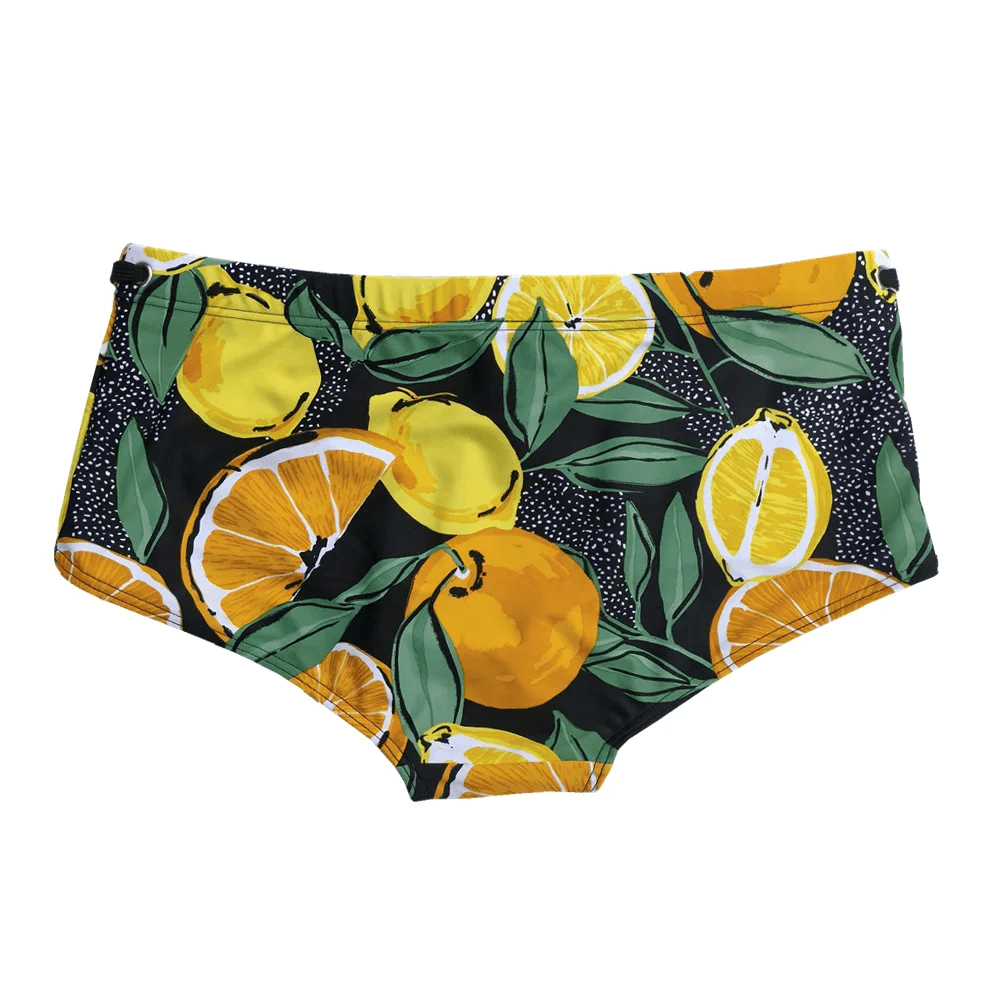 Citrus Pattern Swim Briefs for Beach and Surf - SF4711 featuring vibrant lemons and limes on a black background.