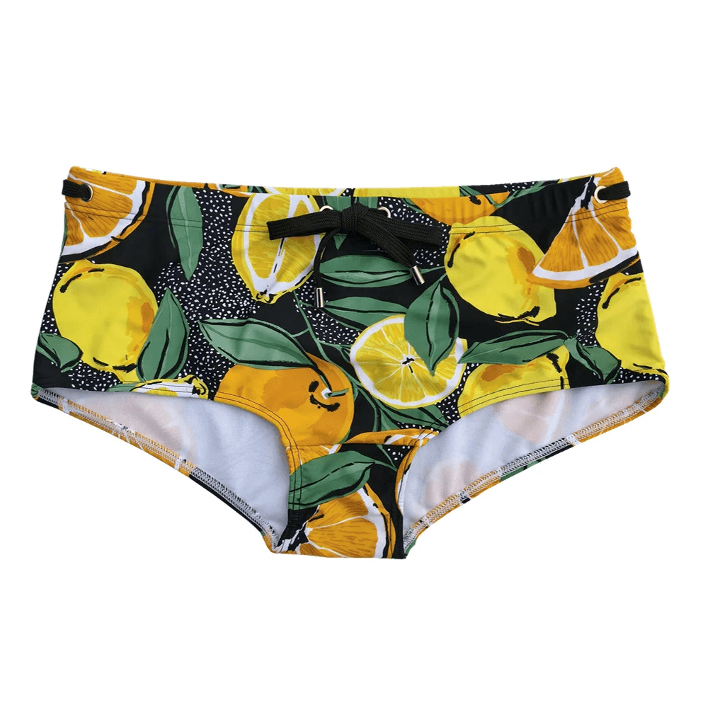 Citrus Pattern Swim Briefs for Beach and Surf - SF4711 featuring vibrant lemon design and comfortable fit.