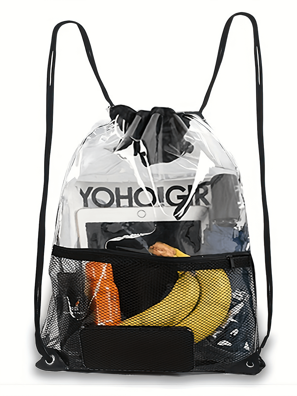 Clear PVC drawstring backpack with mesh pocket and visible contents, perfect for gym and travel, featuring lightweight, durable design.