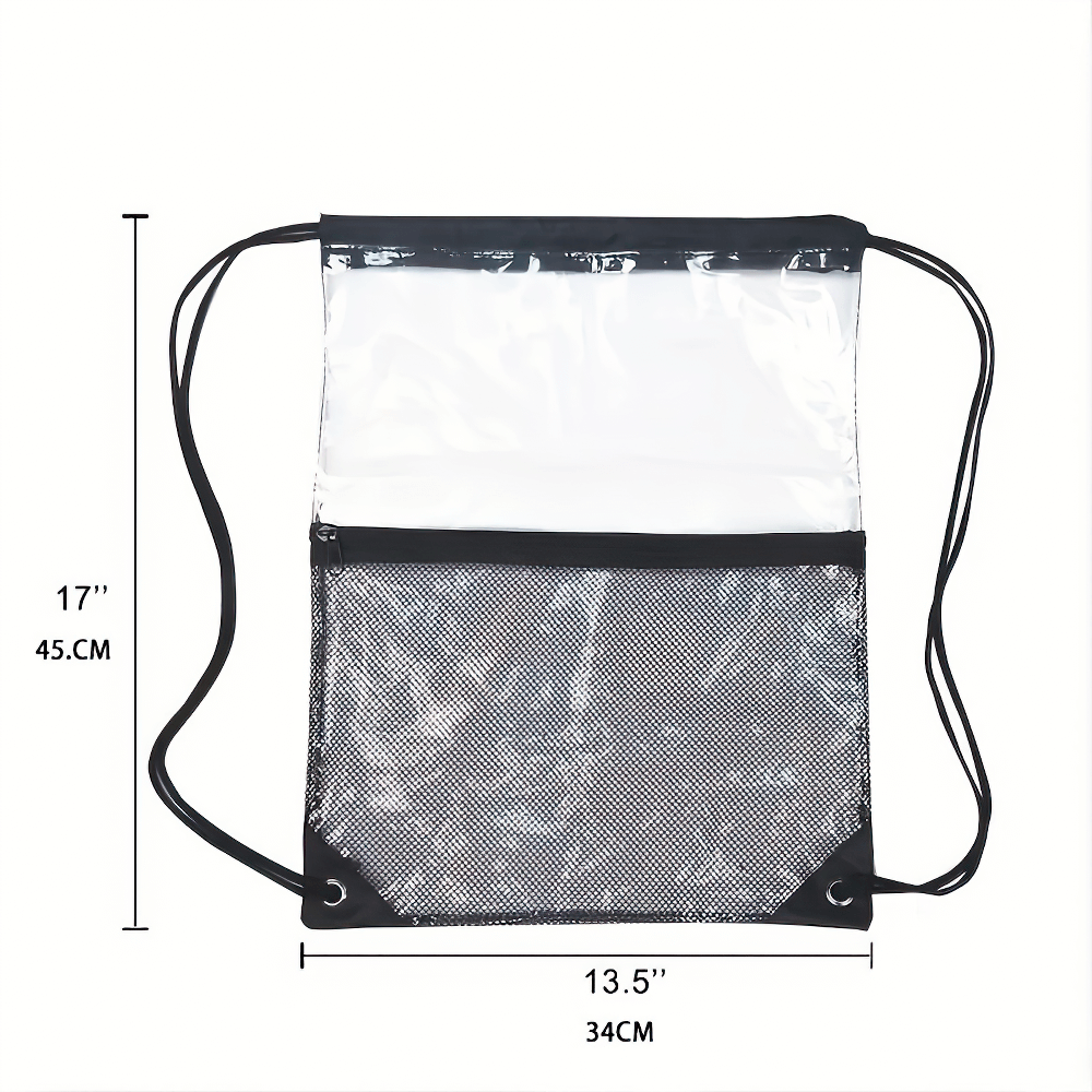 Clear PVC drawstring backpack with mesh pocket for gym and travel. Dimensions 17