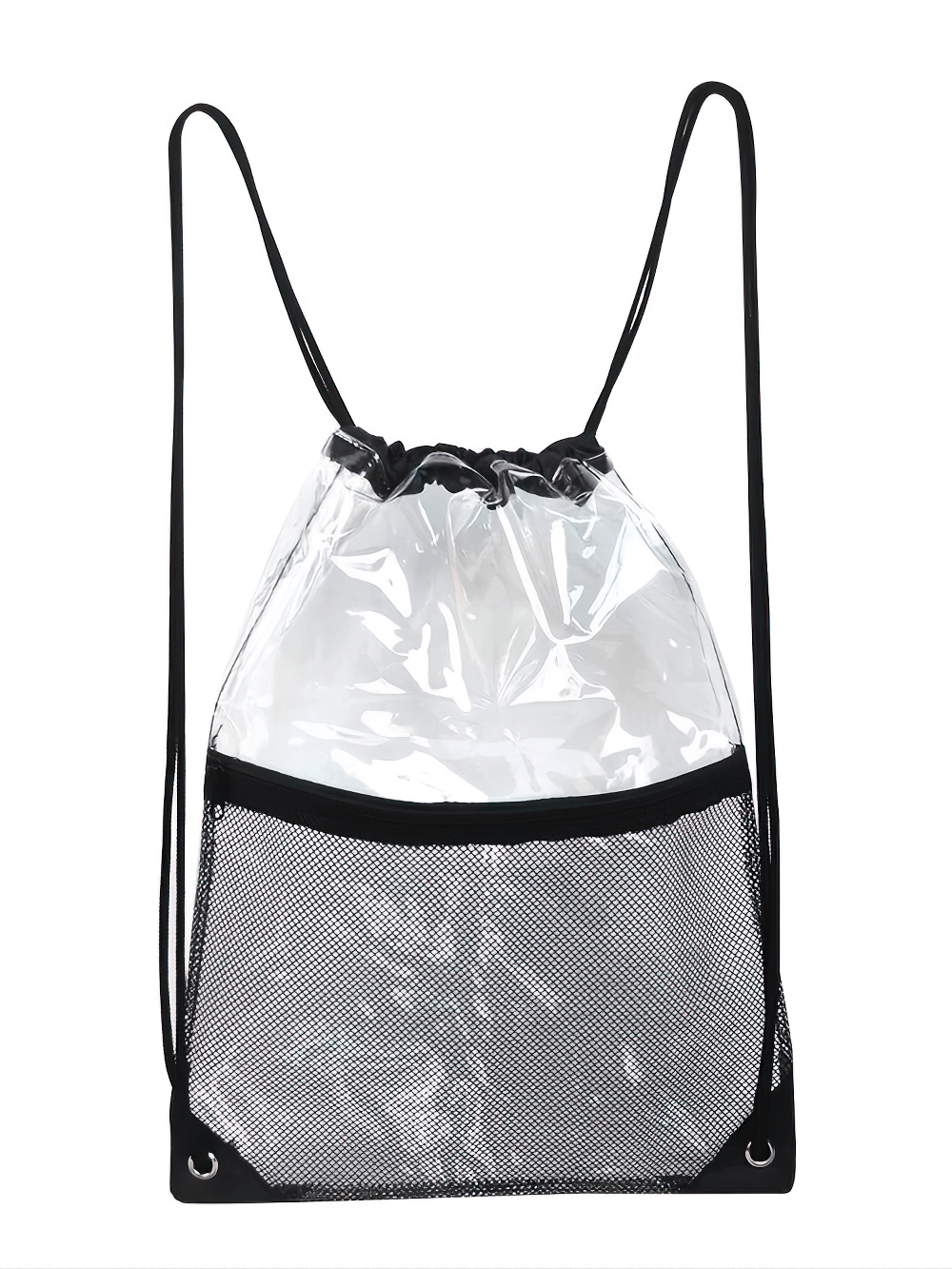 Clear PVC drawstring backpack with mesh pocket, perfect for gym and travel. Waterproof and lightweight design for everyday use.