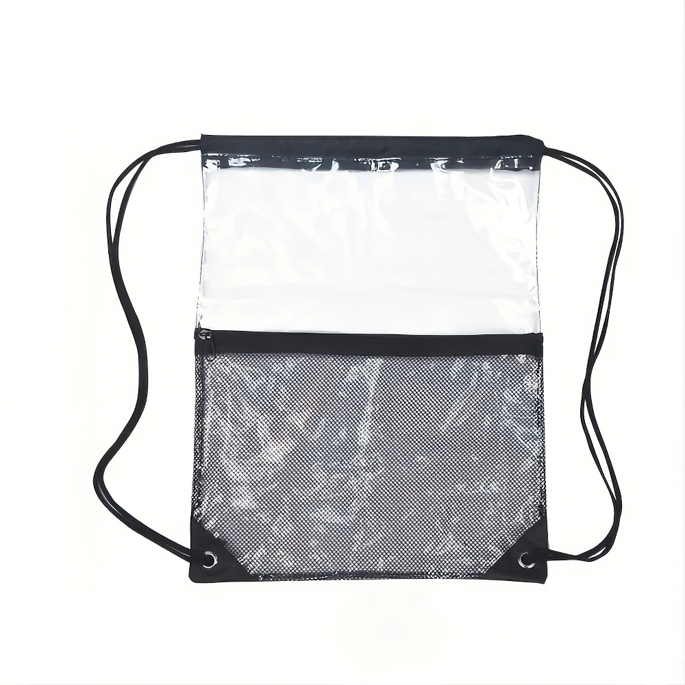 Clear PVC drawstring backpack with black mesh pocket, ideal for gym and travel. Lightweight and waterproof design for everyday use.