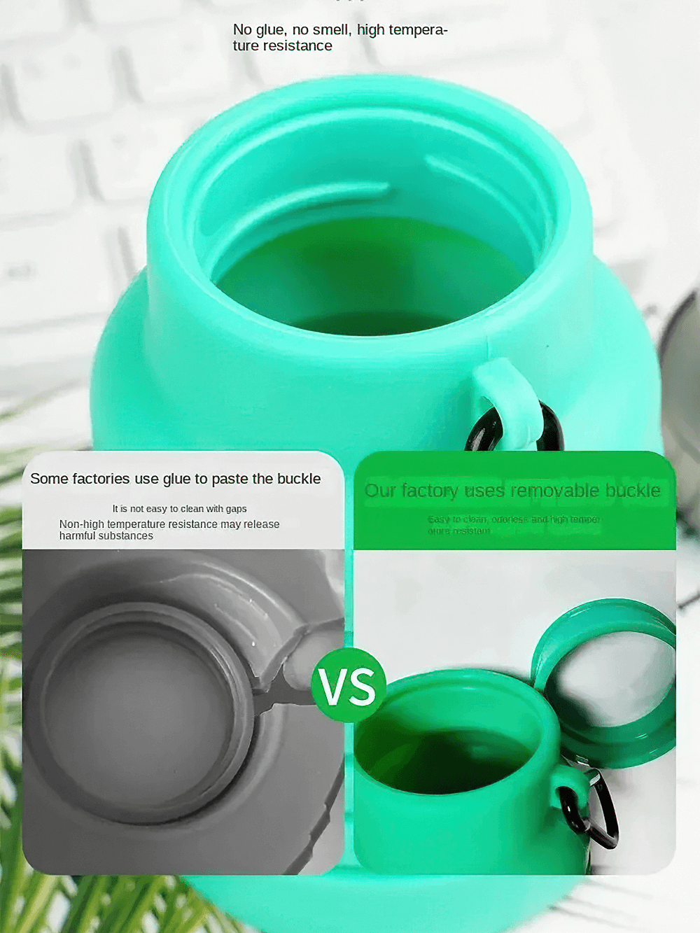 Collapsible Silicone Water Bottle for Hiking - SF3485, showcasing detachable buckle design for secure outdoor usage.