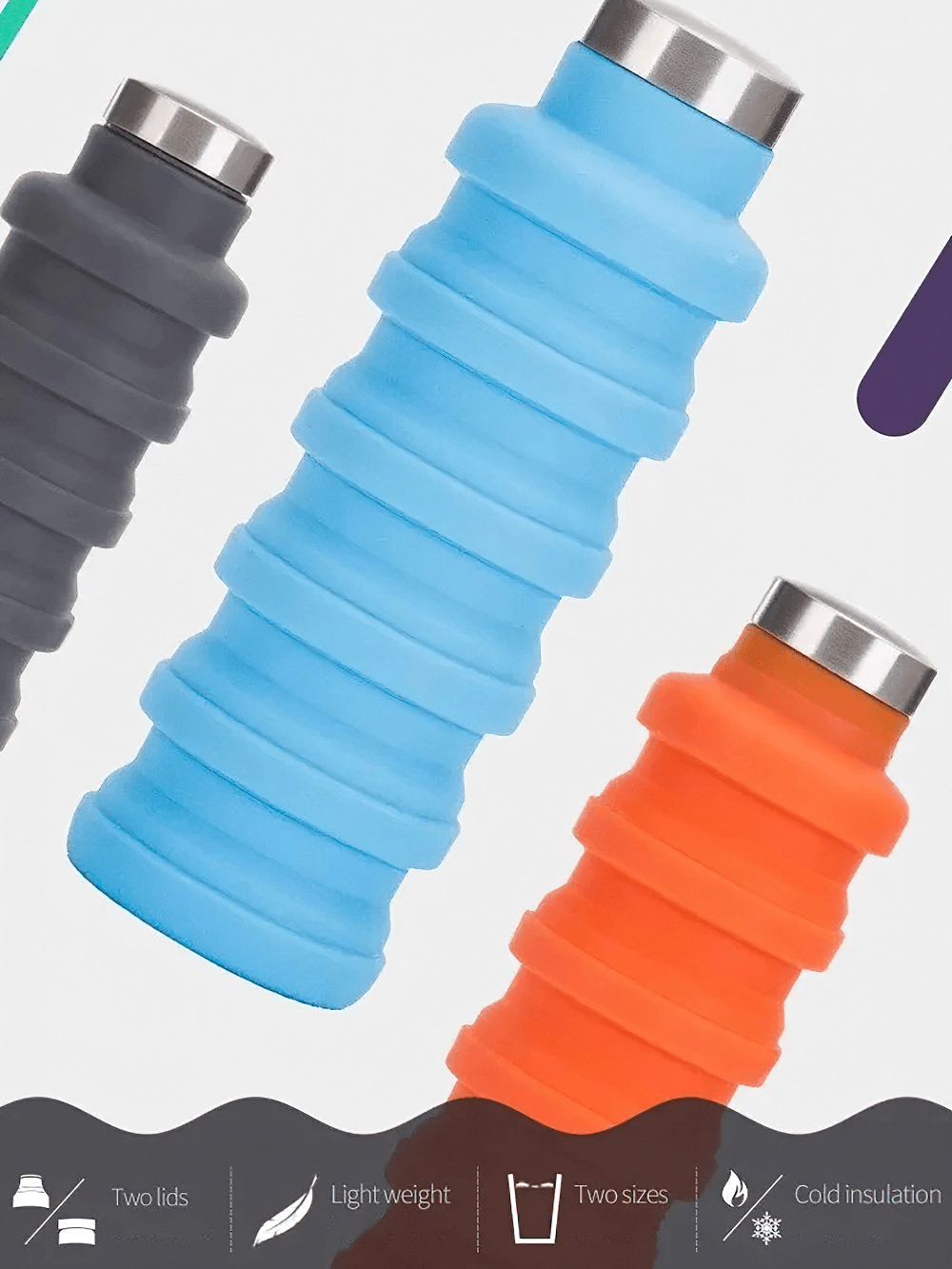 Collapsible Silicone Water Bottle for Hiking - SF3485 in various colors with foldable design for camping.