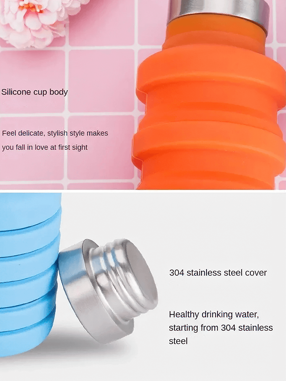 Collapsible Silicone Water Bottle for Hiking - SF3485 with stainless steel cover and silicone body, ideal for outdoor activities.
