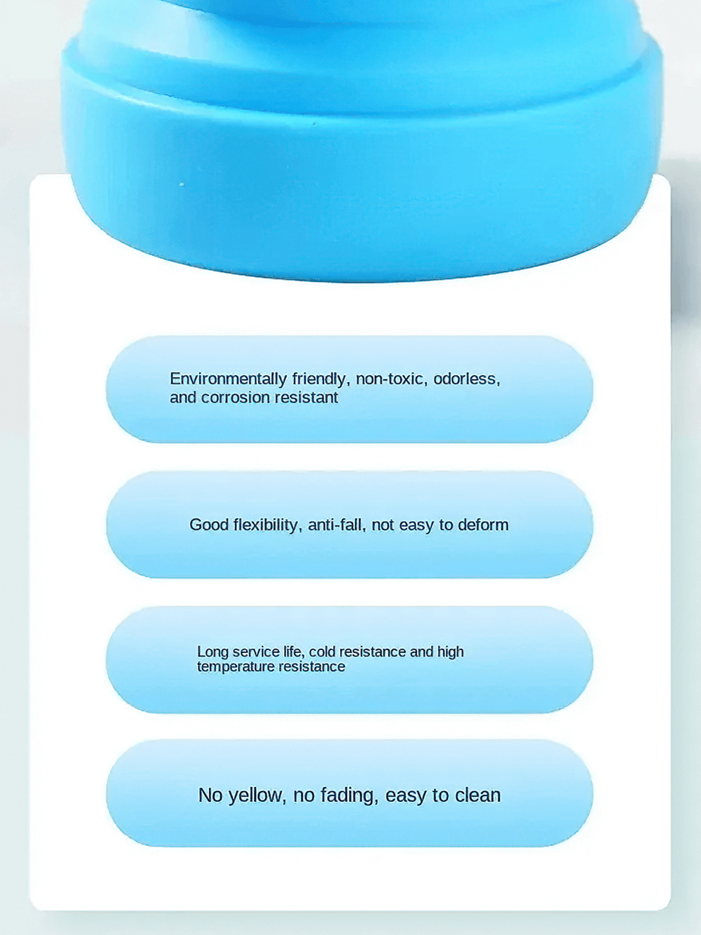 Features of a blue collapsible silicone water bottle: eco-friendly, flexible, durable, long-lasting, non-fading, easy to clean.