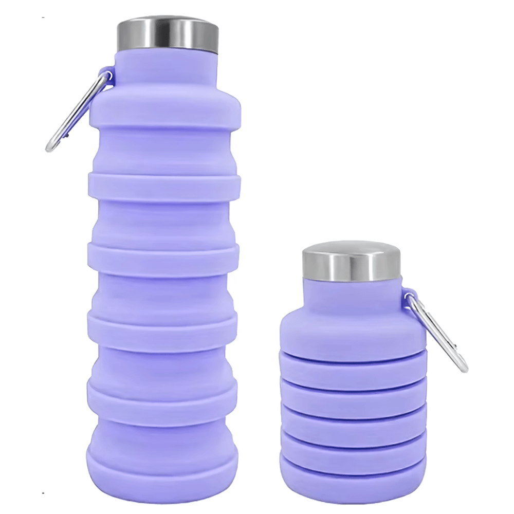 Collapsible Silicone Water Bottle for Hiking - SF3485 in folded and extended positions with leakproof lid and carabiner.