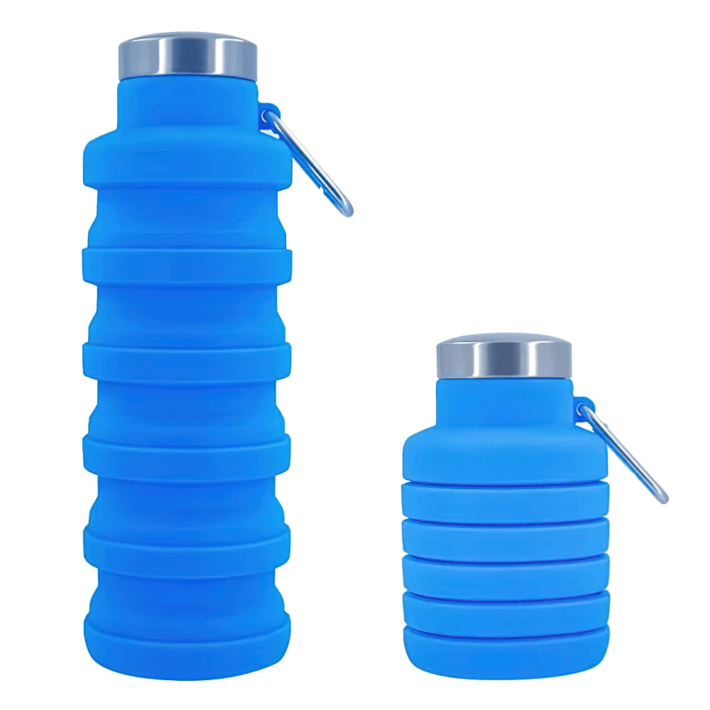 Collapsible Silicone Water Bottle for Hiking - SF3485 shown folded and expanded, with stainless-steel lid and carabiner attachment.