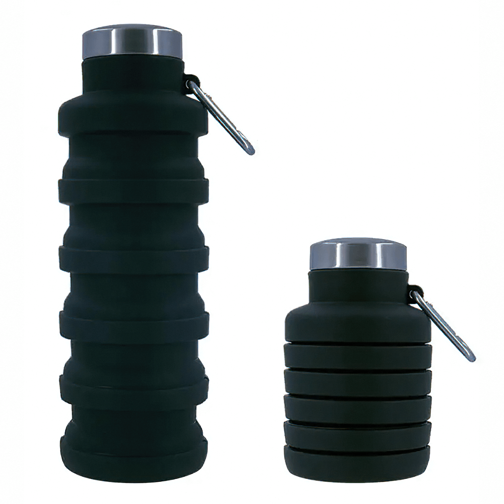 Collapsible Silicone Water Bottle for Hiking - SF3485 shown in expanded and folded states with stainless-steel lid and carabiner