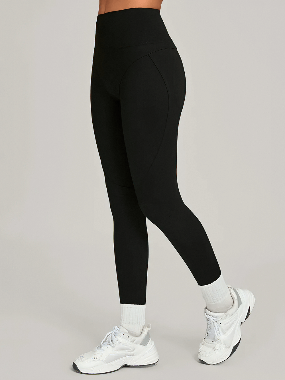 Alt Tag: Color Block Butt Lift High Waist Yoga Leggings - SF4338 black high-waist contour panel workout leggings on model, back view