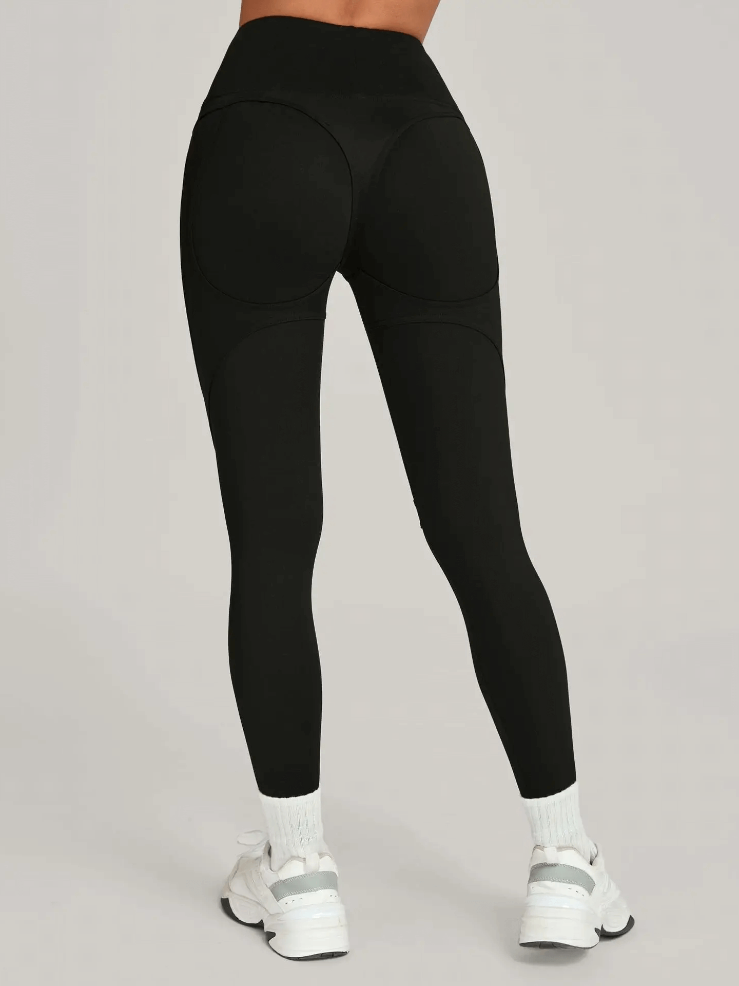 Alt Tag: Color Block Butt Lift High Waist Yoga Leggings - SF4338 black high-waist contour butt-lift leggings back view for workouts