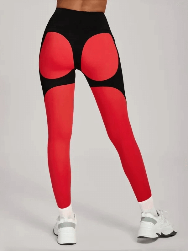 Alt Tag: Color Block Butt Lift High Waist Yoga Leggings - SF4338 red and black contour panel back view high-waisted workout tights