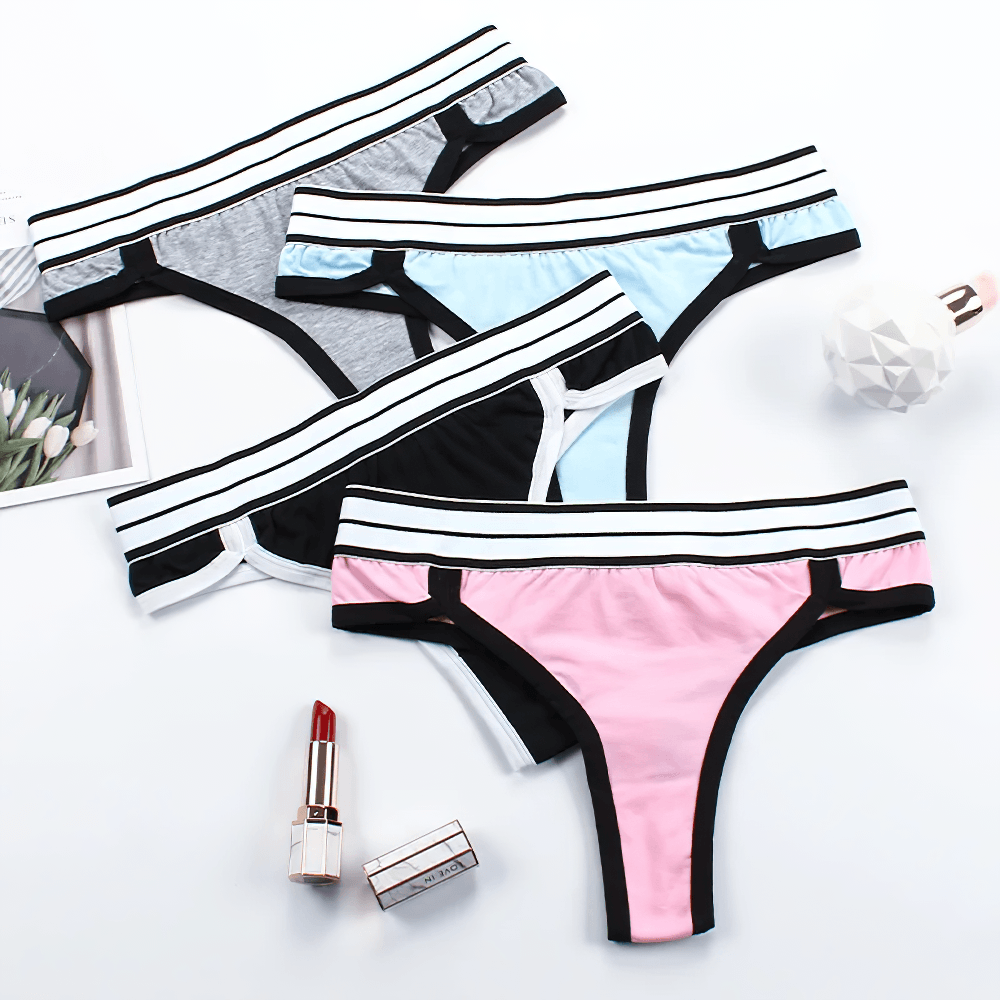 Color Block Cotton Thong with Striped Waistband - SF4634 in various colors with striped waistband for sporty lingerie look.