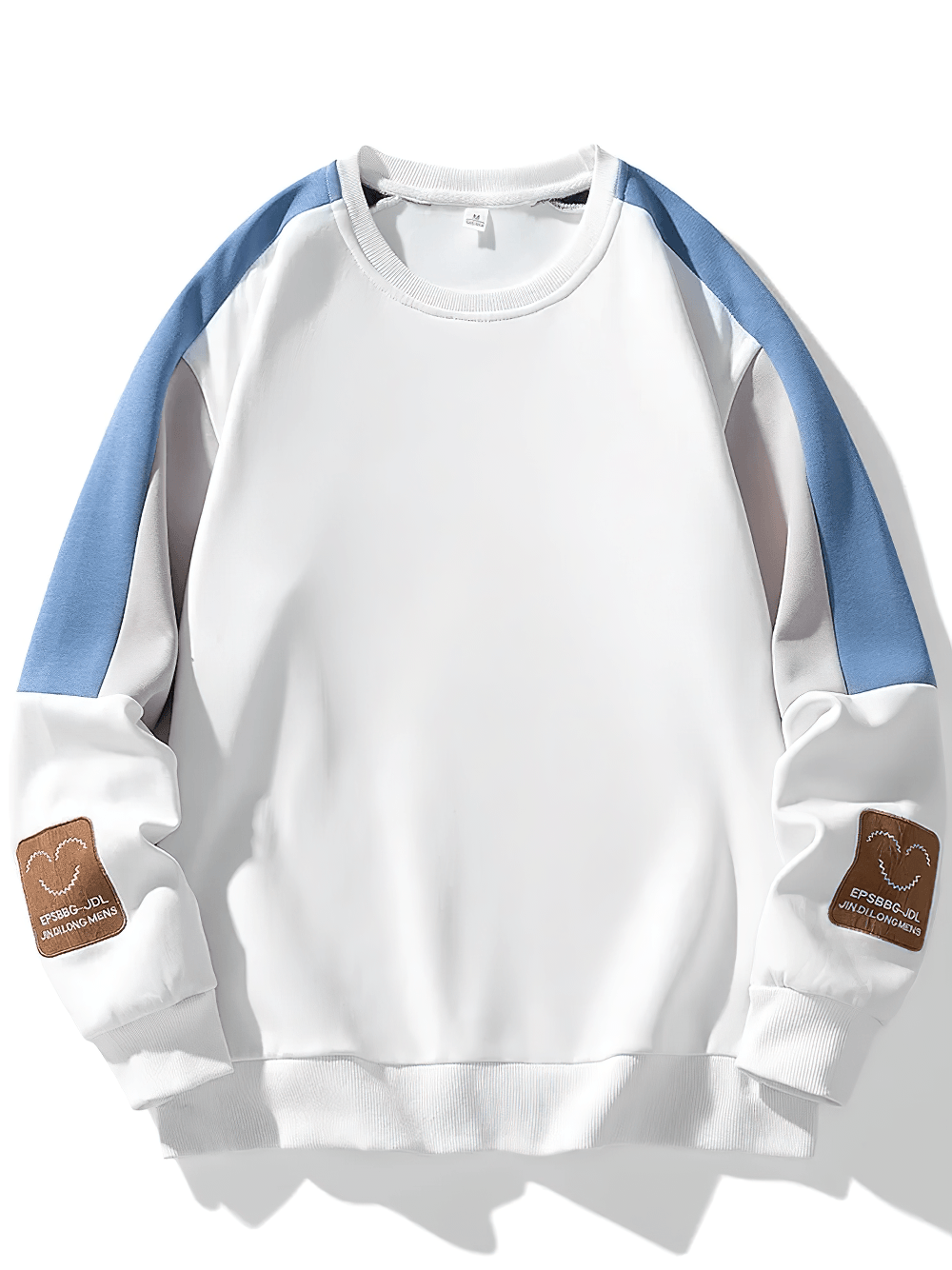 Color Block Crewneck Sweatshirt with Sleeve Patch - SF4700 in white and blue with embroidered patches on sleeves.