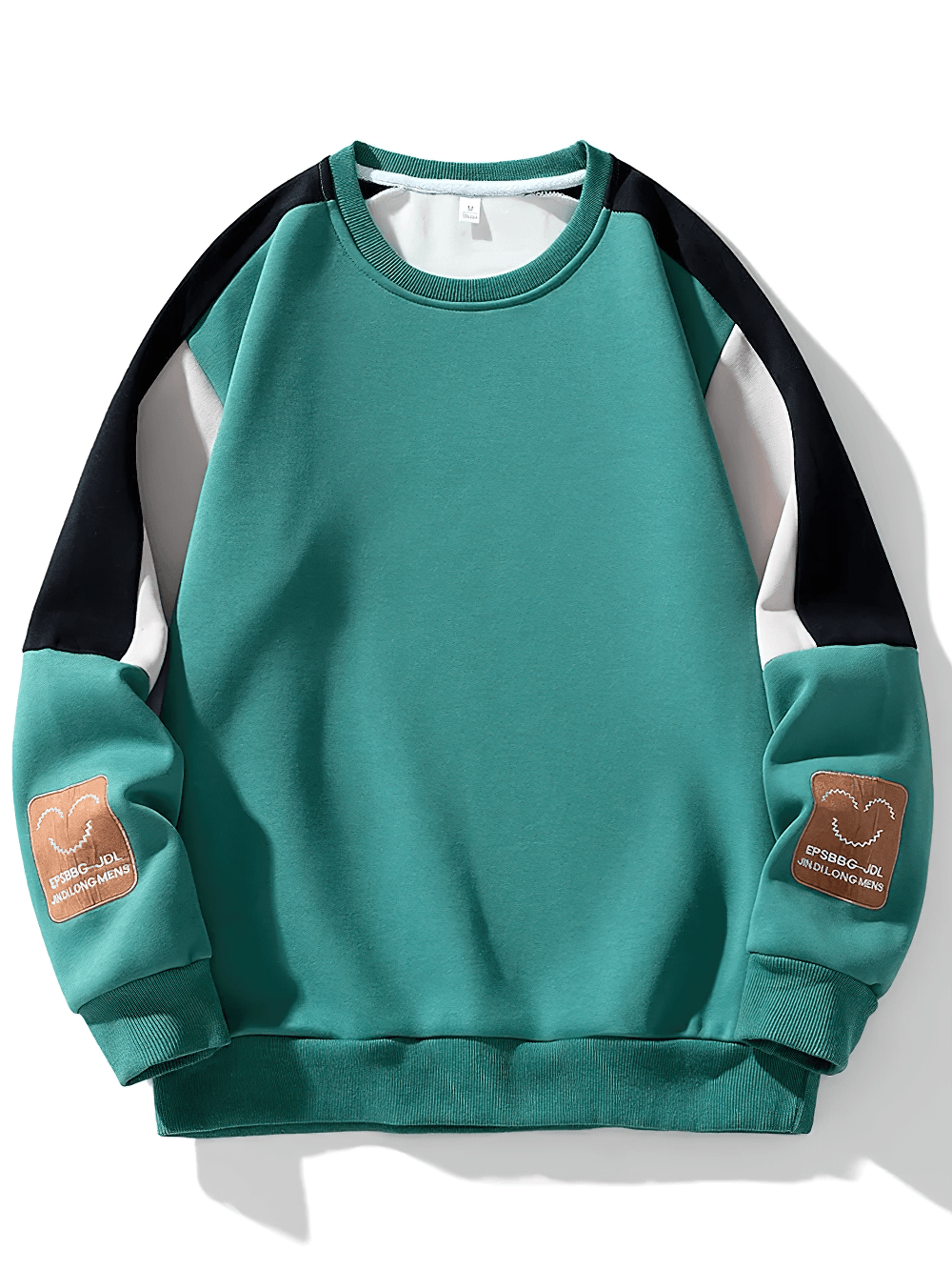 Color Block Crewneck Sweatshirt with Sleeve Patch - SF4700 in teal with contrasting raglan sleeves and embroidered patches.