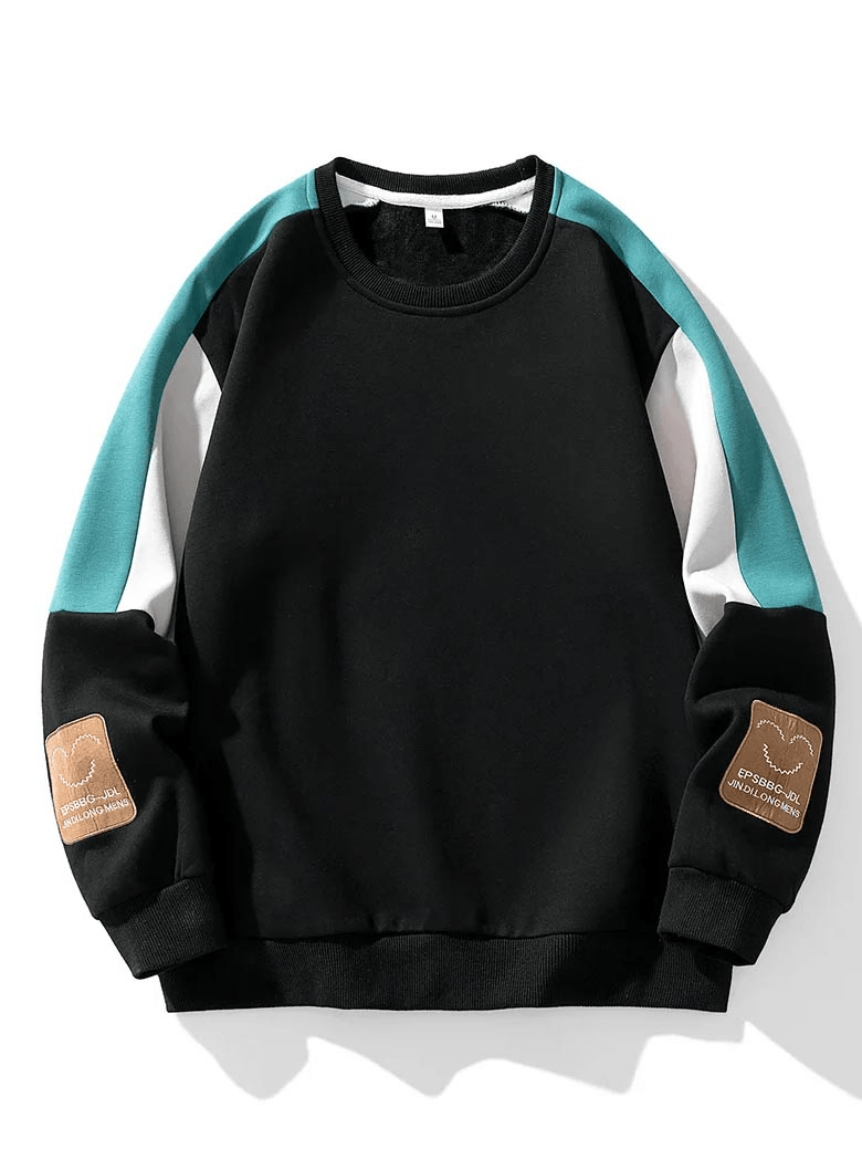 Color Block Crewneck Sweatshirt with Sleeve Patch - SF4700 in black with teal and white sleeves and patch details.