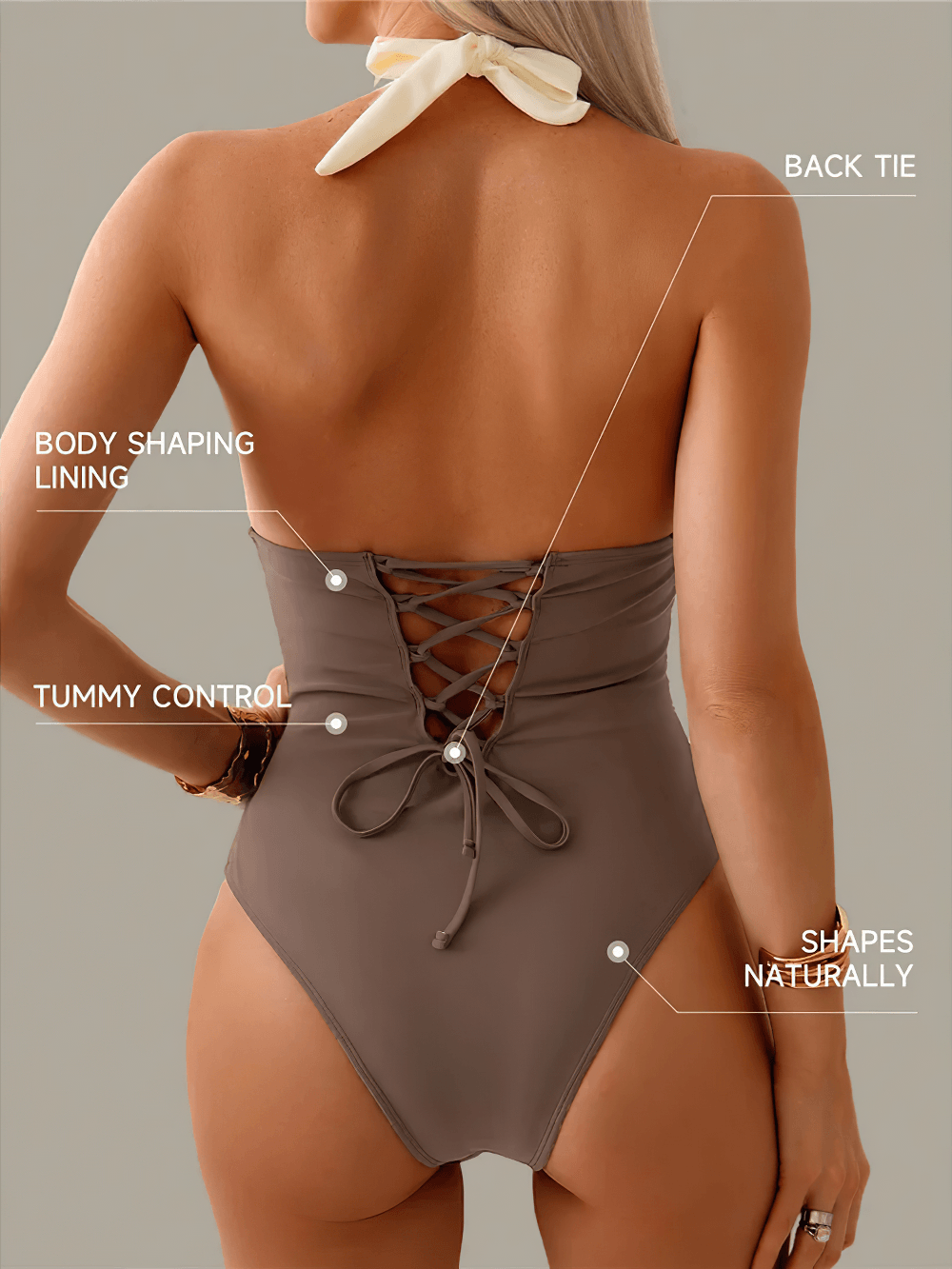Color Block Halter One Piece Swimsuit for Women - SF4613 showcasing back lace-up detail and tummy control.